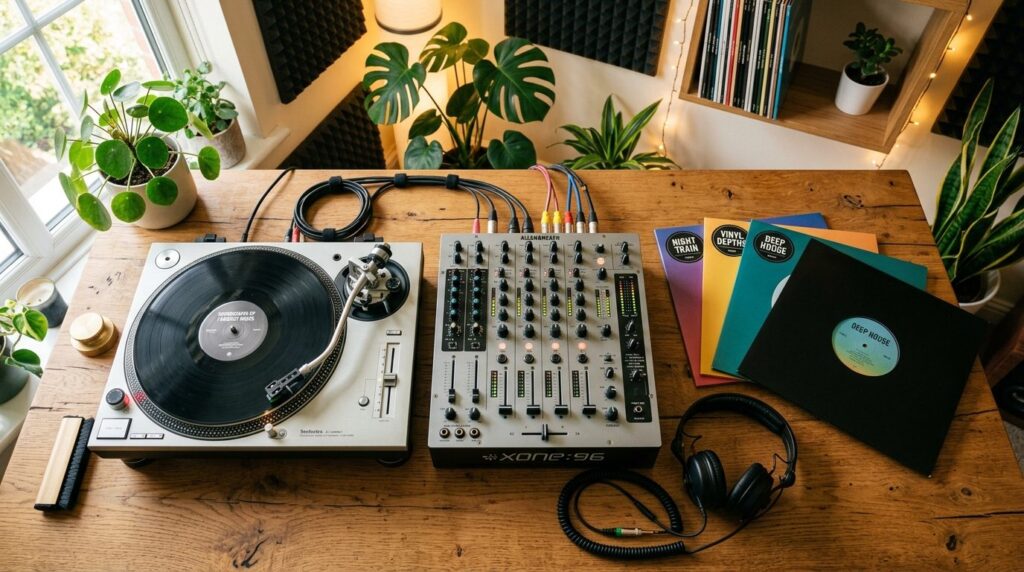 Overhead flat-lay composition of DJ equipment laid out on a 