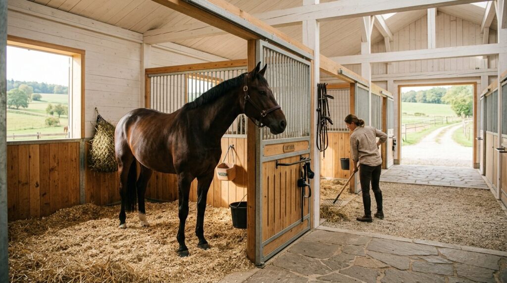 Wide shot of a well-appointed rural countryside stable inter