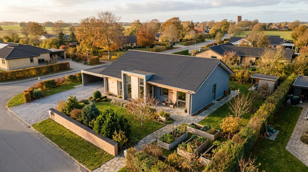 Aerial view of a cozy Danish single-family home surrounded b