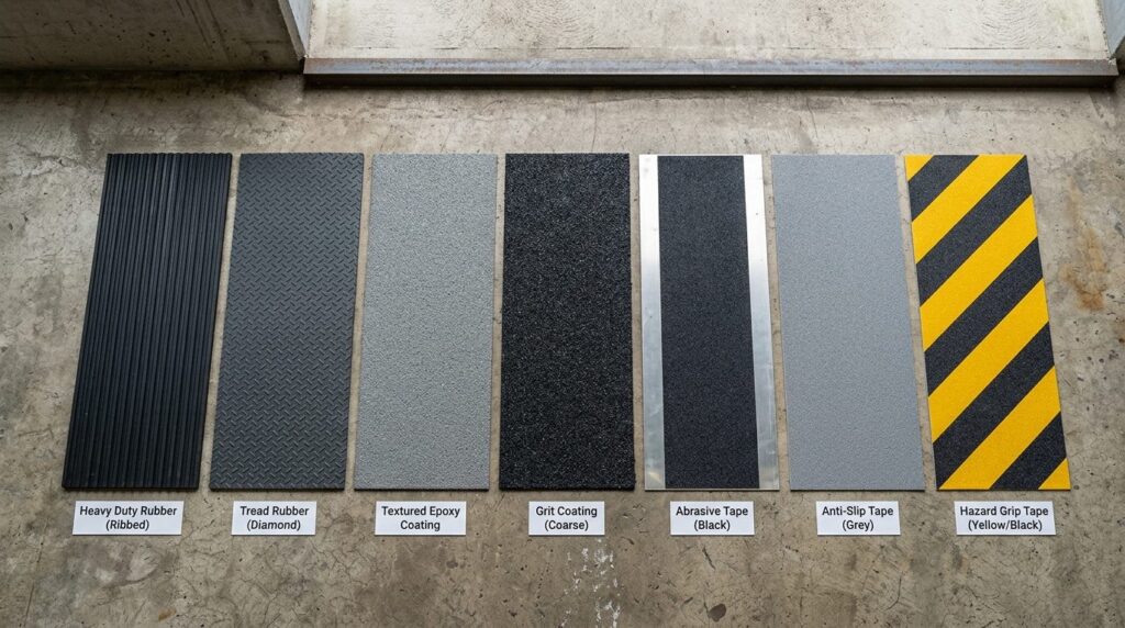 Wide overhead shot of different anti-slip ramp surface mater