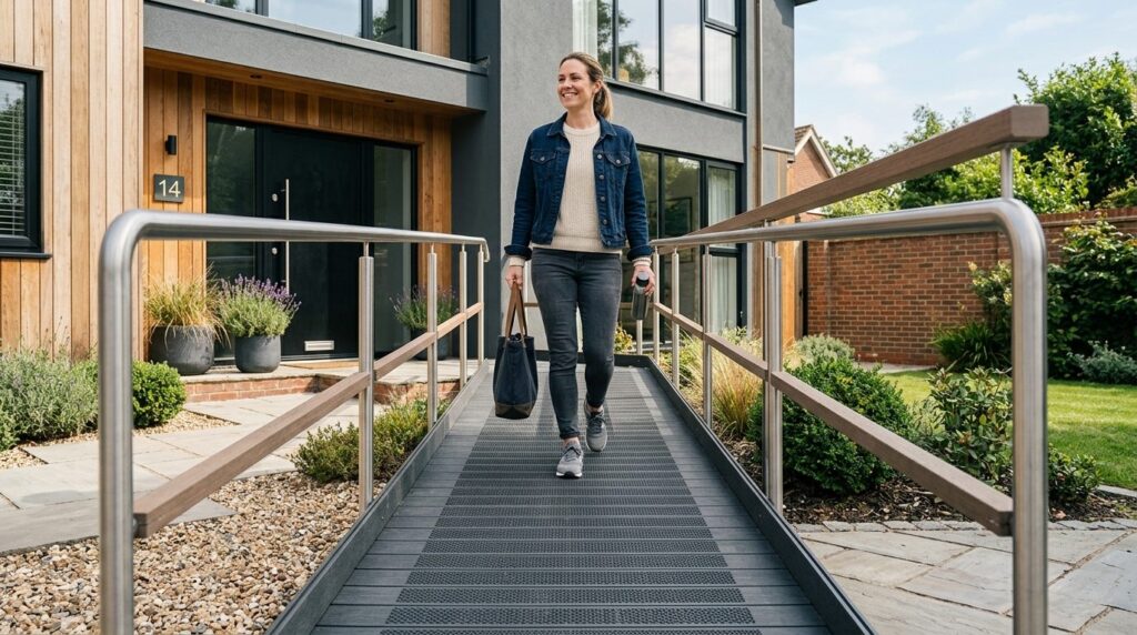Person in casual clothing safely ascending a modern resident