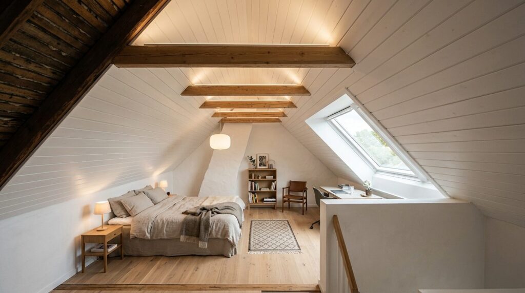 Overhead wide-angle view of a bright Scandinavian loft apart