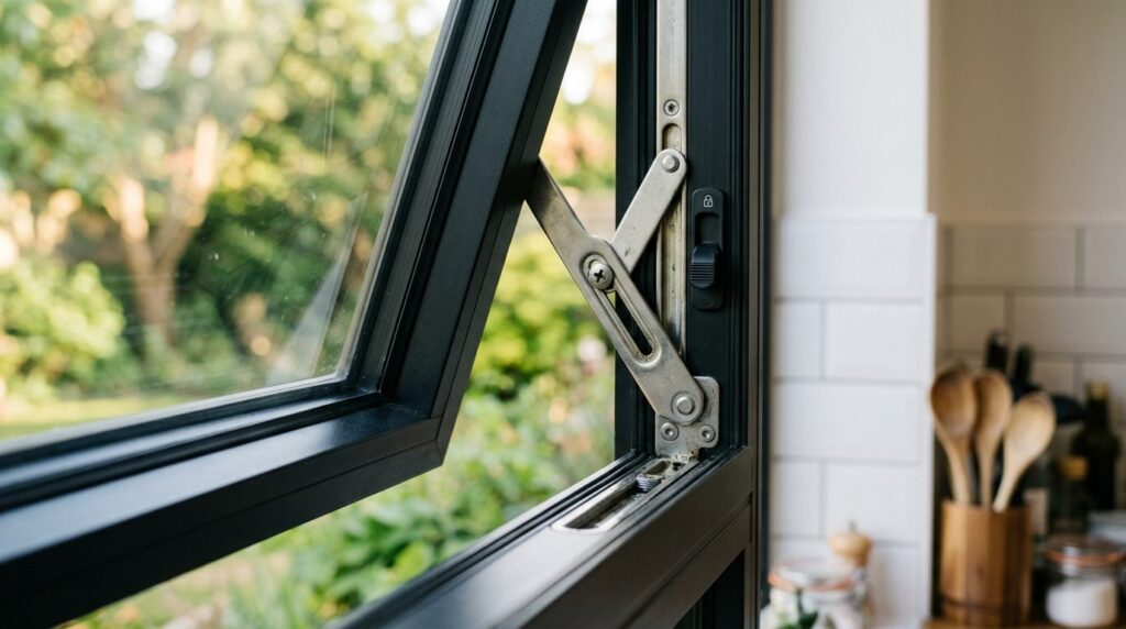 Close-up detail shot of a top-hung kitchen window mechanism 