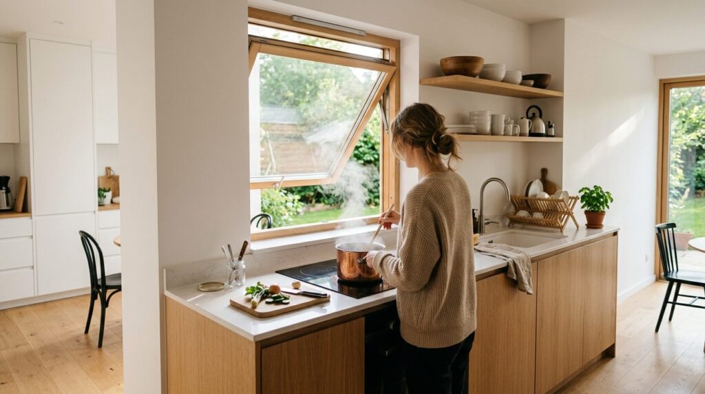 Bright Scandinavian kitchen interior with top-hung window po